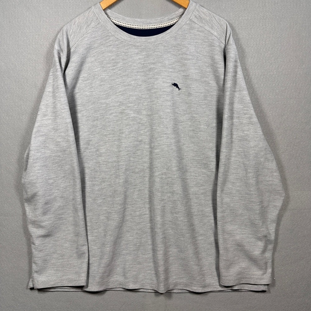 Tommy Bahama Mens XXL Grey Long Sleeve Marlin Logo Pullover Waffle Knit Shirt
